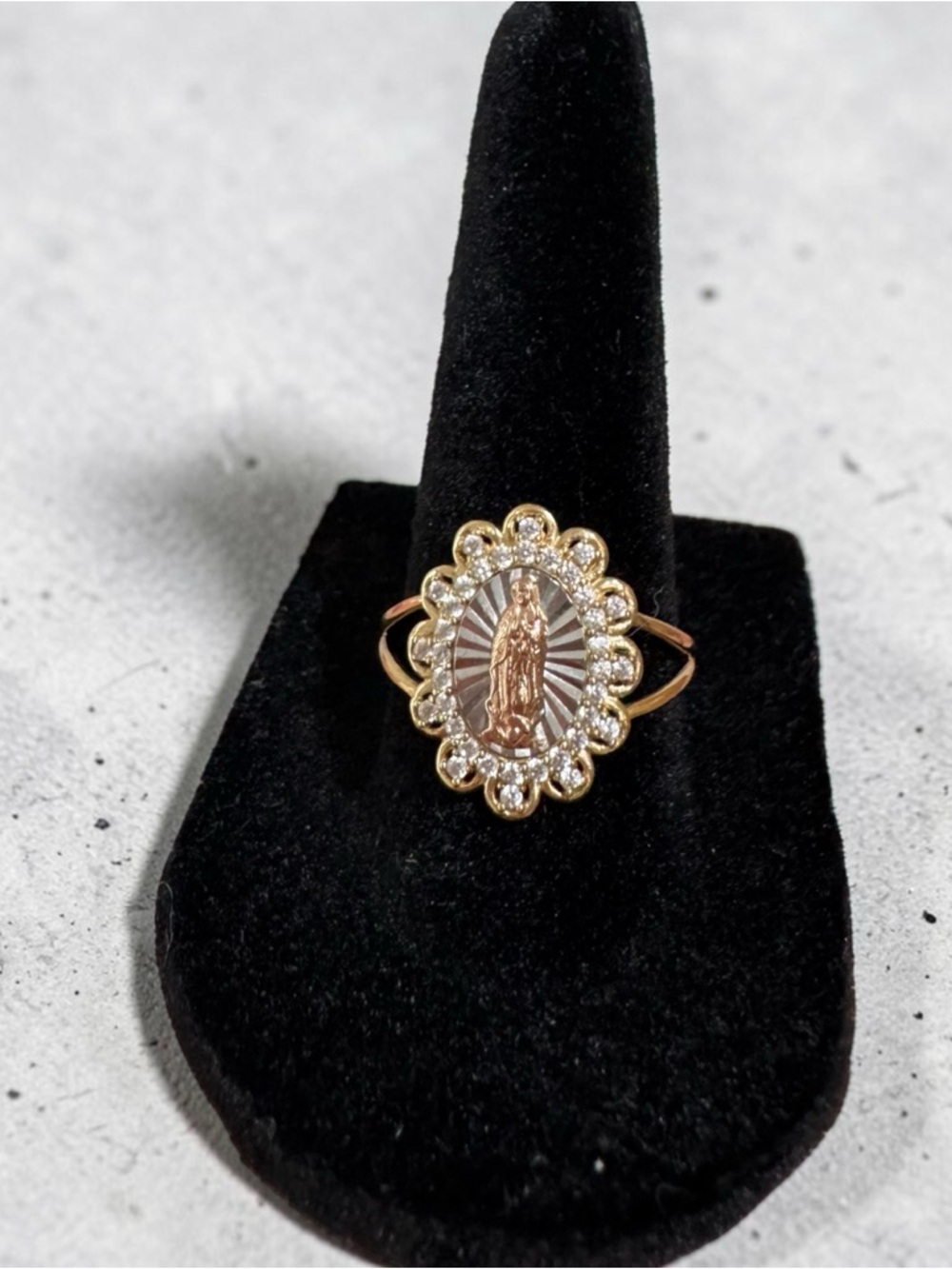 14K Gold-Tone Religious Medallion Ring with Crystal Halo -size 7.5